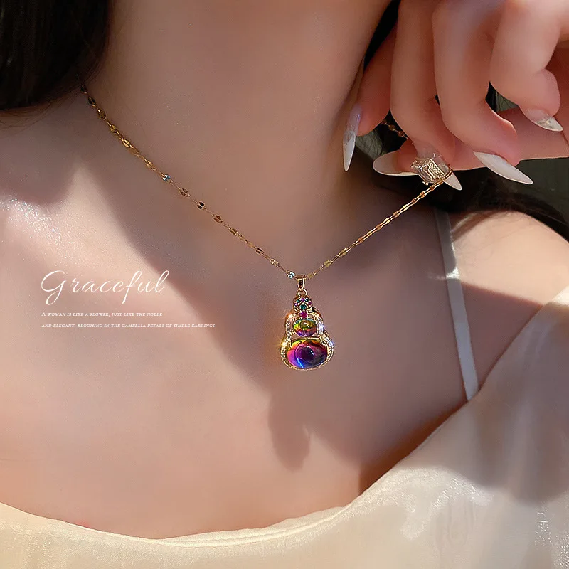 

Titanium Steel Purple Opal Inlaid Diamond Gourd Necklace Neck Chain European And American Exaggerated Personality Net Red Retro