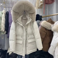 winter womens down jacket fashion warmth loose waist fox fur collar white duck down jacket women outdoor casual cotton jacket