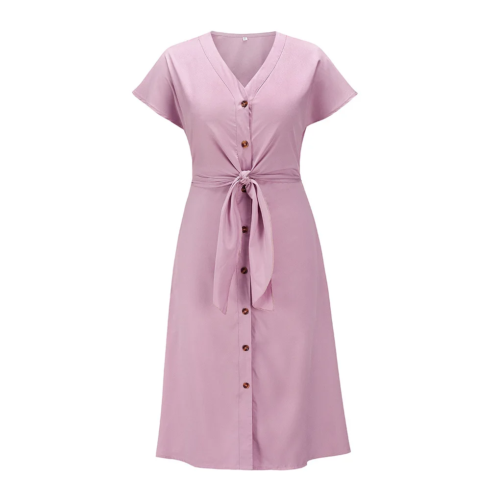 

Yg brand women's 2021 summer new short sleeve solid color bow single breasted V-neck casual dress