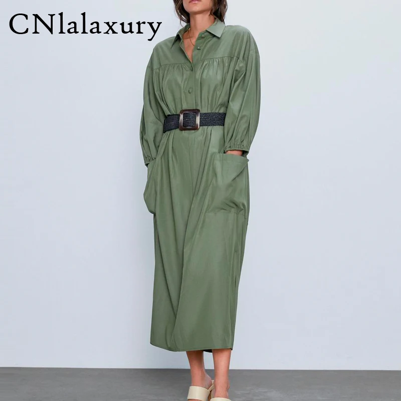 Женское длинное офисное платье с поясом Элегантное летнее рубашка макси длинным