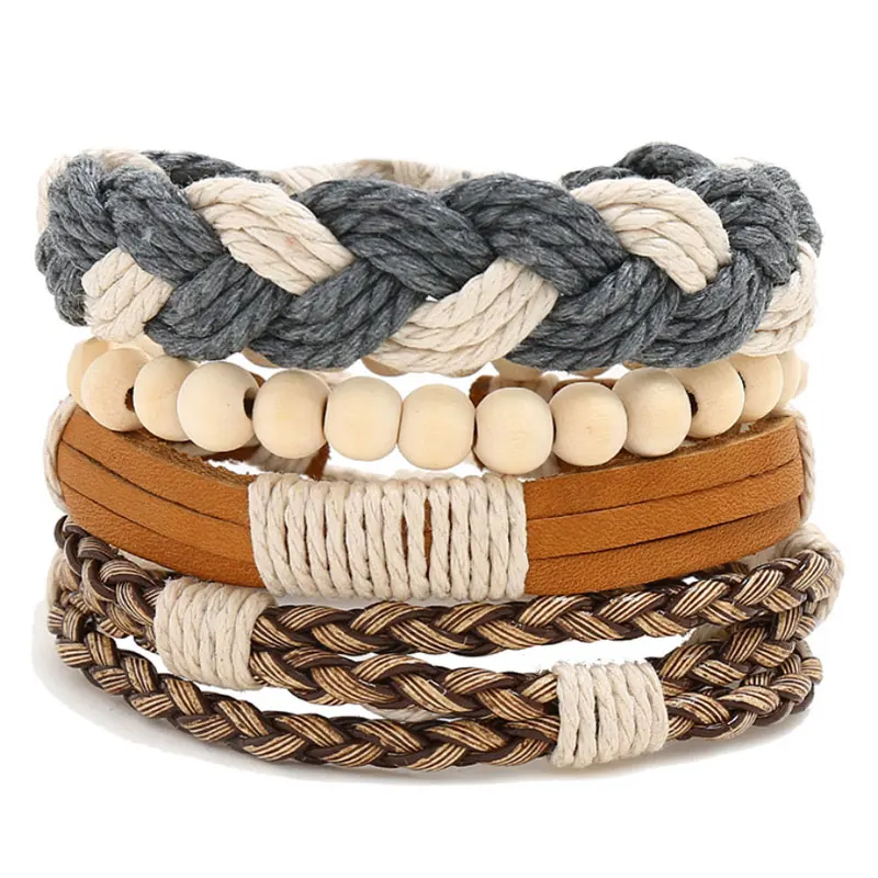 

New Mens Handmade Braided Rope Multilayer Leather Retro Wooden Beads Punk Charm Bracelets Set Adjustable Jewelry