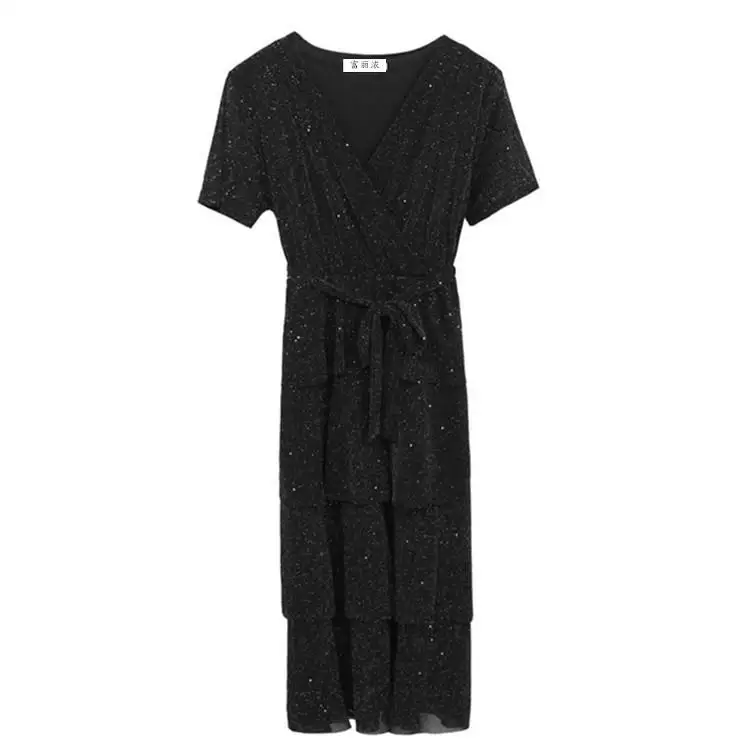 

COCOEPPS 8xl 9xl Ruffles Long Dress Korean Style Maxi Dress Plus Size Women Summer Dress 2020 black shiny large size Party Dress