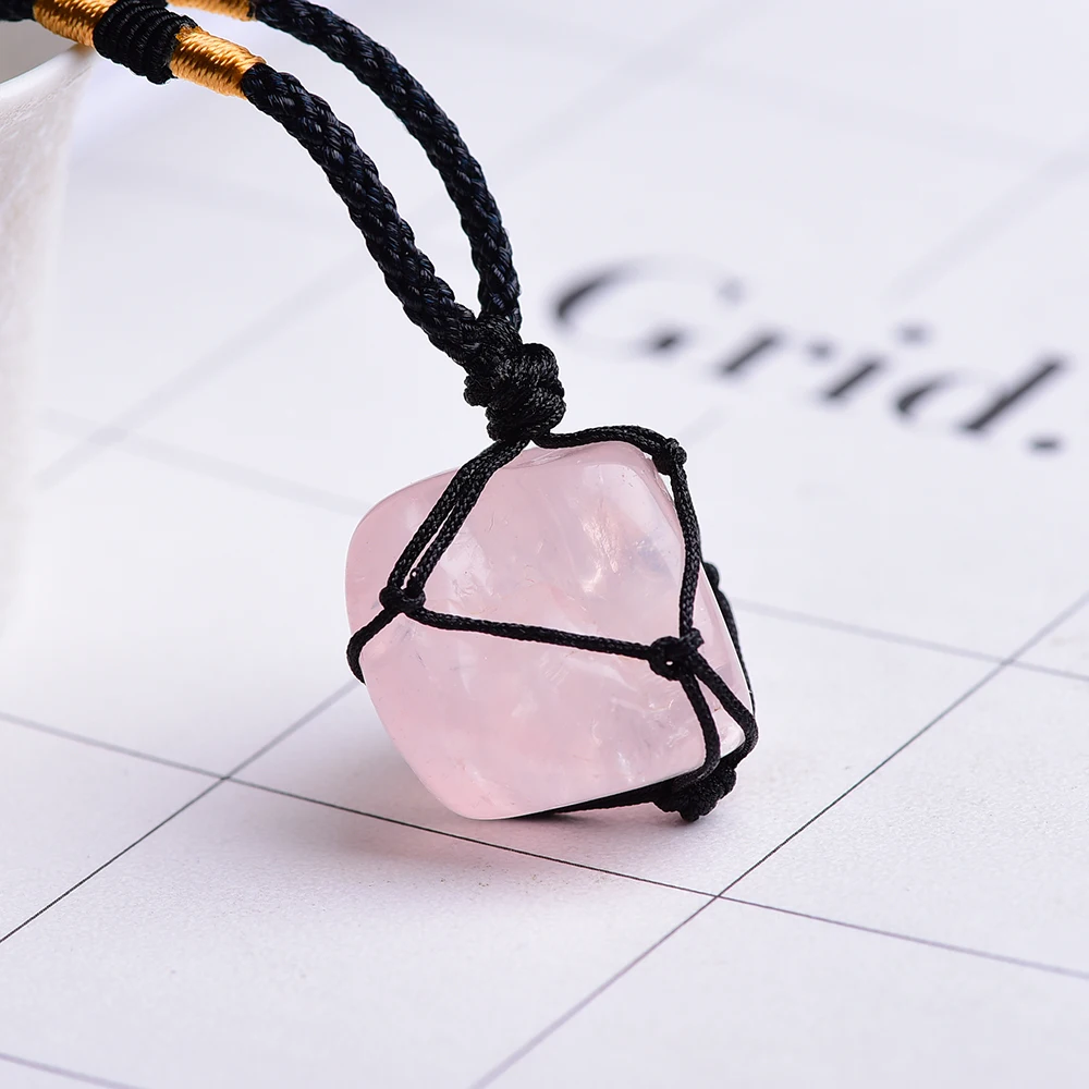 Оптовая продажа ручная плетеная сетка карманные подвески из розового кварца для