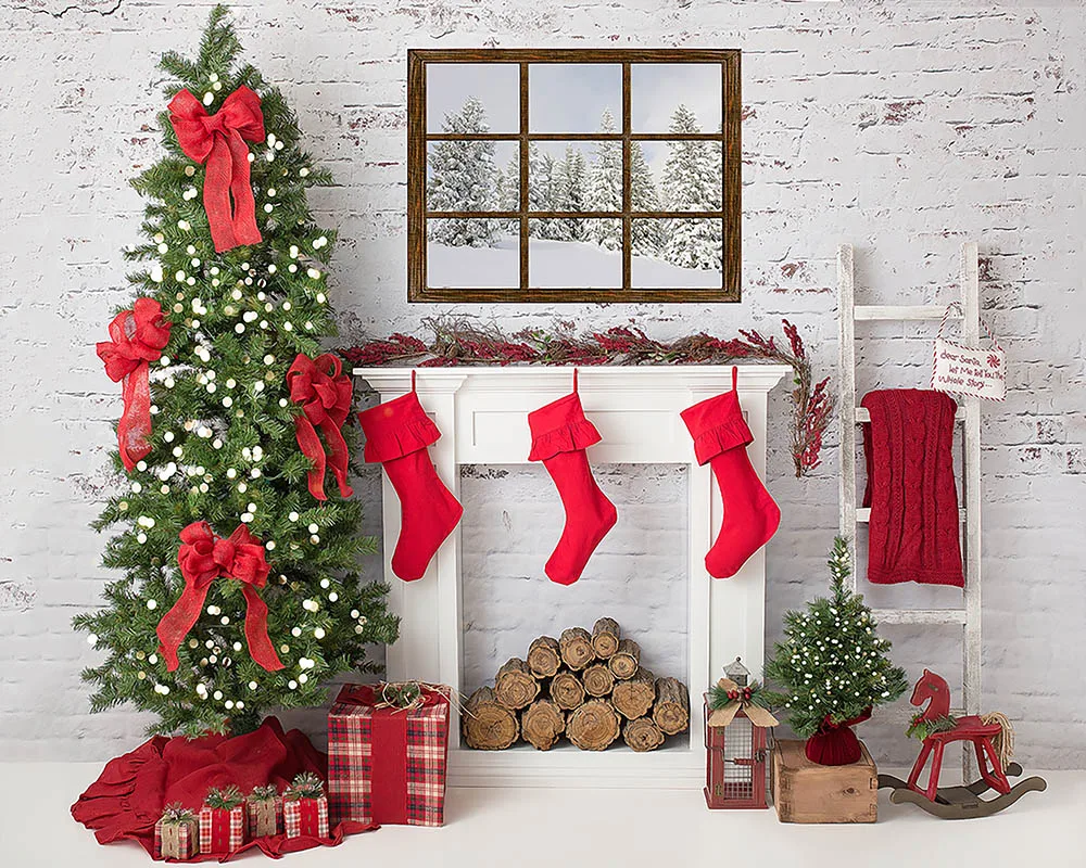 

7x5FT Merry Christmas Room Tree Red Boots Bows Gift Boxes Fireplace Custom Photo Studio Backdrop Background Vinyl 220cm X 150cm