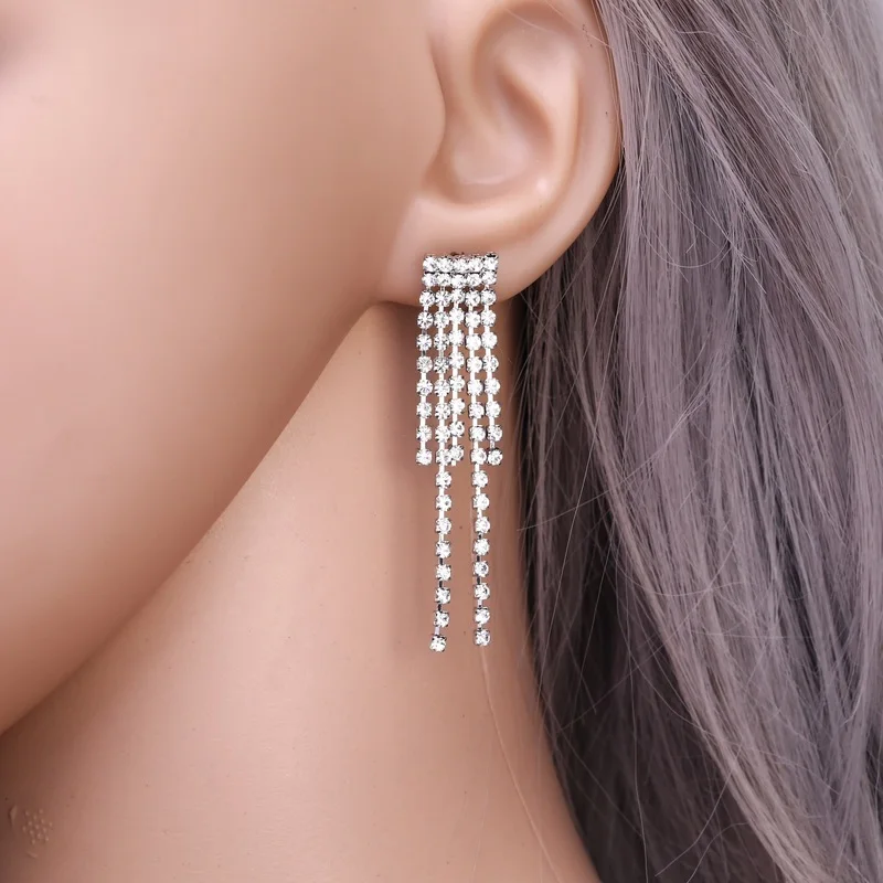 HanCheng Fashion Dangle Hanging Tassels Long Earrings Rhinestone Drop For Women Square Jewelry Brincos Bijoux | Украшения и