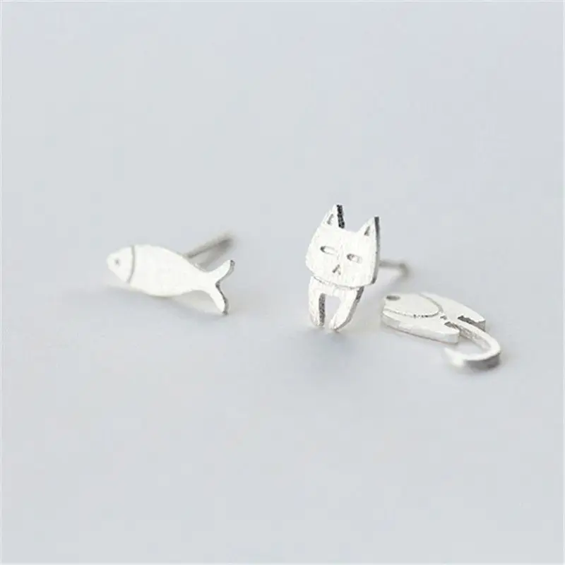 Новый дизайн серьги-гвоздики для женщин девушек 925 пробы серебро кошка рыба