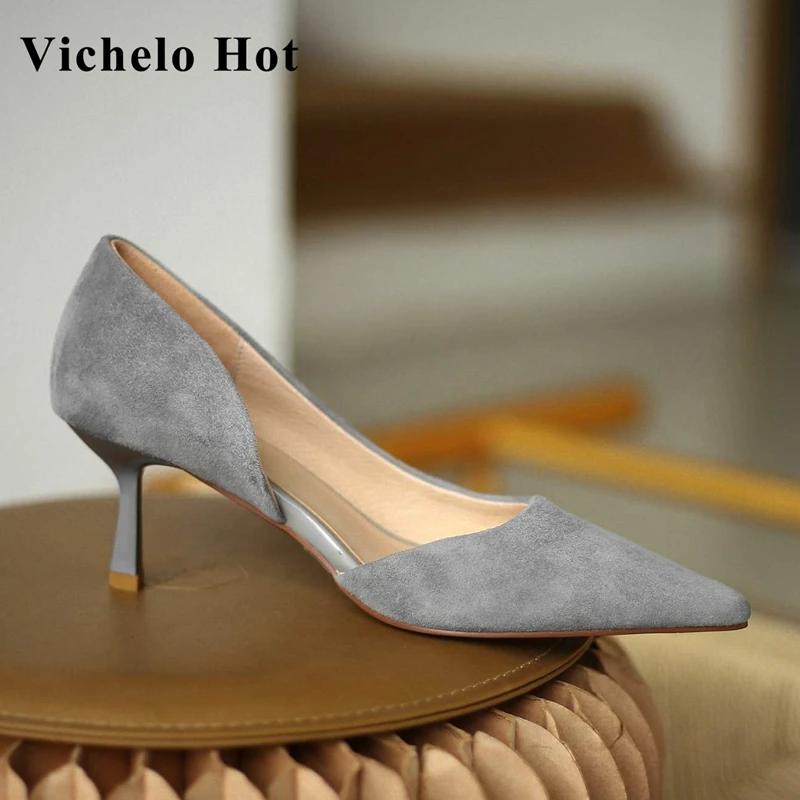 

Vichelo Hot sheep suede pointed toe high hells shallow wedding gentlewomen noble dance party dance party slip on women pumps L03