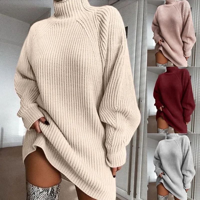 

Casual Solid Color Half High Neck Knitted Sweater Dress Autumn Winter Raglan Sleeve Loose Sweaters Women Casual Long Jumper