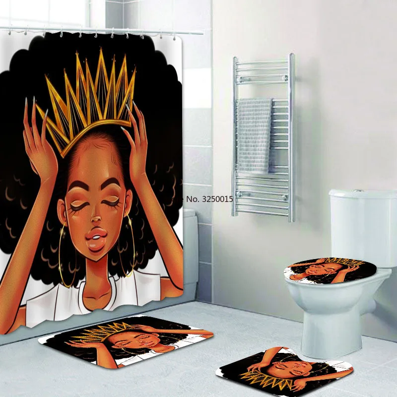 Home Decor Purple African American Women Girl Black Afro Shower Curtain Set Bathroom Bath Mat Rug Carpet Toilet | Дом и сад
