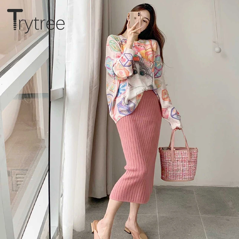 Trytree Осень Зима Женский комплект из двух частей Повседневный круглый вырез