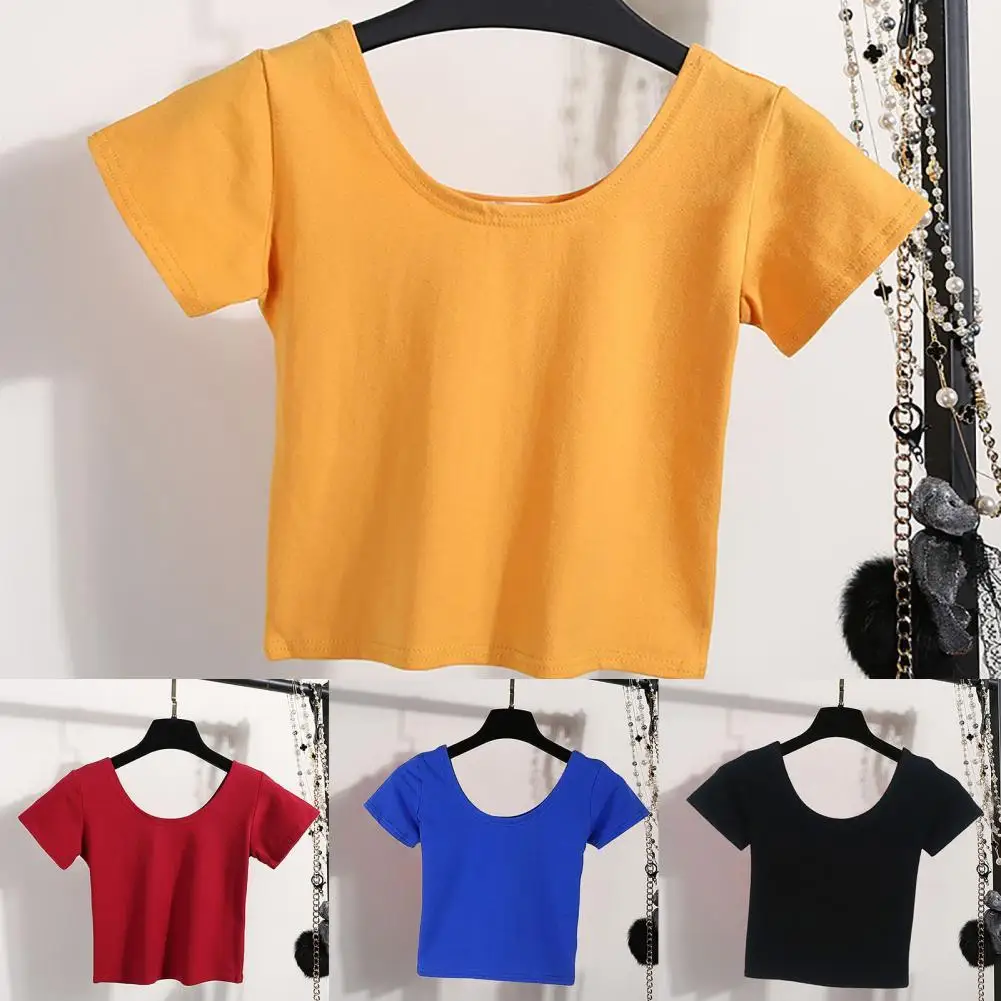 

Summer Short Sleeve Navel Skinny T-shirt Solid Color O Neck Blouse Women Short Sleeve Slim Crop Top for Summer for Leisure Time