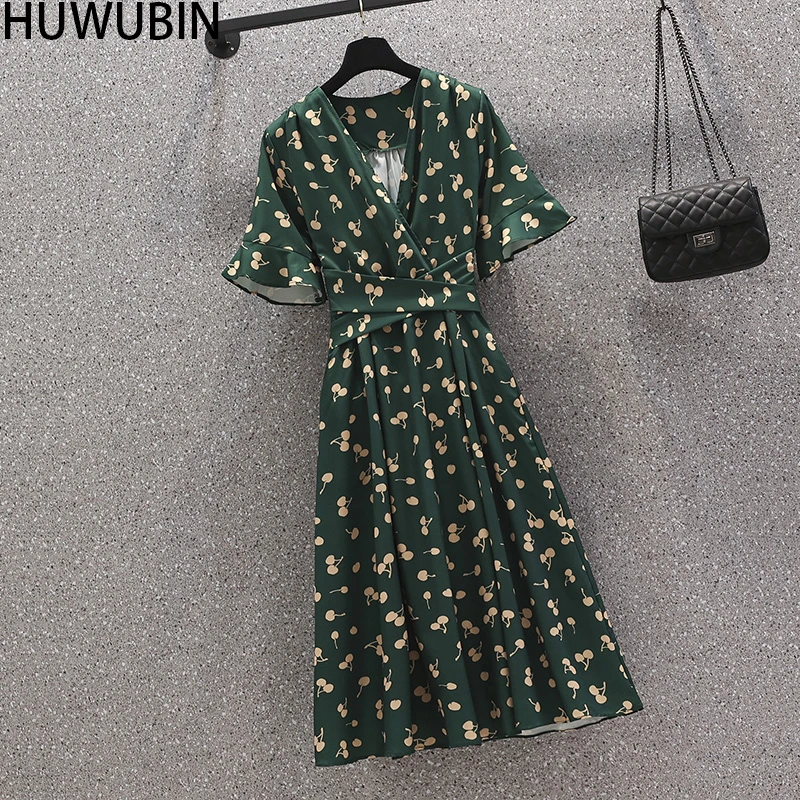 

Large Women's Flower Chiffon Dress 2021 Summer New Fairy V-Neck Bow Sleeve Loose Medium Length Temperament Tea Break Dress