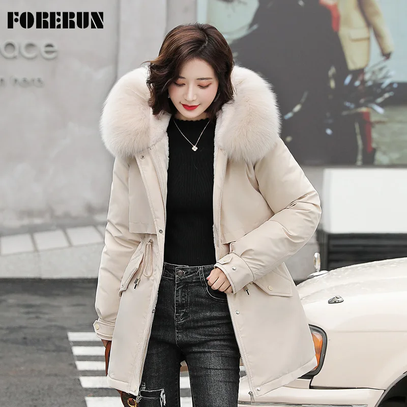 

FORERUN Long Jacket Parka Women Large Fur Collar Hooded Velvet Puffer Jackets Cotton Padded Windproof Warm Women's Winter Coat