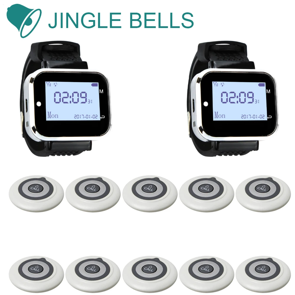 JINGLE BELLS 2 Watch Receiver 10 Button Transmitter Wireless Waiter Calling System For Restaurant Service Pager Cafe Hotel