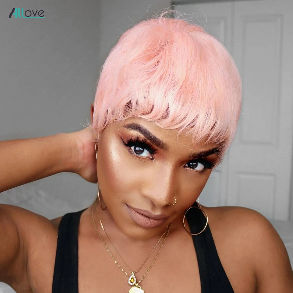 

Allove Pink Wig Short Pixie Cut Wig 150% Density Short Human Hair Wigs For Women Full Machine Made Colored Human Hair Wigs