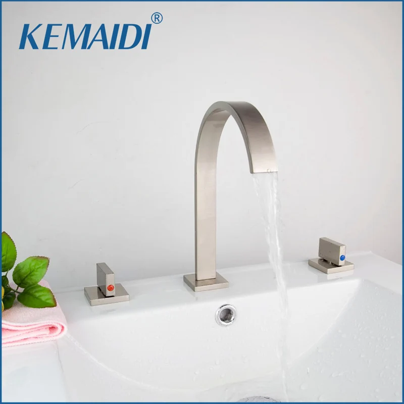 

KEMAIDI Waterfall Bathroom Basin Faucet Deck Mounted washbasin bathroom tap 3 Pcs Set flush Cold and Hot water Mixer Taps