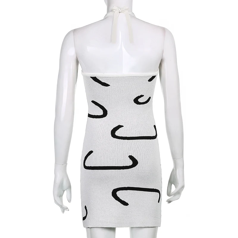 

Printed Knitted Short Sexy Halter Dress Women NiceSummer Casual Backless Tie Up Y2K Sleeveless Beach Bodycon Mini Dresses Party