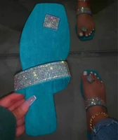 blue beach non slip durable spring new 2020 single finger rhinestone bright diamond slippers candy color flat women sandals