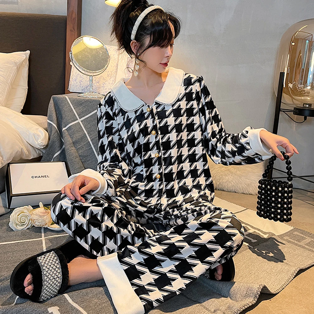

Женская флисовая Пижама с рисунком «гусиные лапки», осенняя клетчатая Женская одежда для сна, ночная рубашка, пижама, штаны с длинным рукаво...