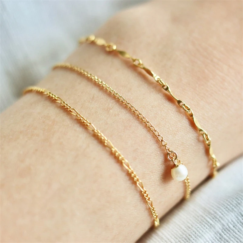14K Gold Filled Chain Bracelet Handmade Pearl Jewelry Boho Charms Bracelets Vintage Anklets for Women Bridesmaid Gift Jewelry