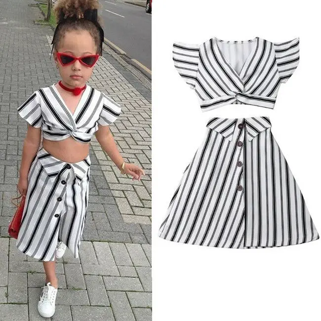 

New Children's Personality Elastic Casual Black White Striped Adorable Top + Pants Girls 2PCS Clothes Set Girl Suit Aututmn