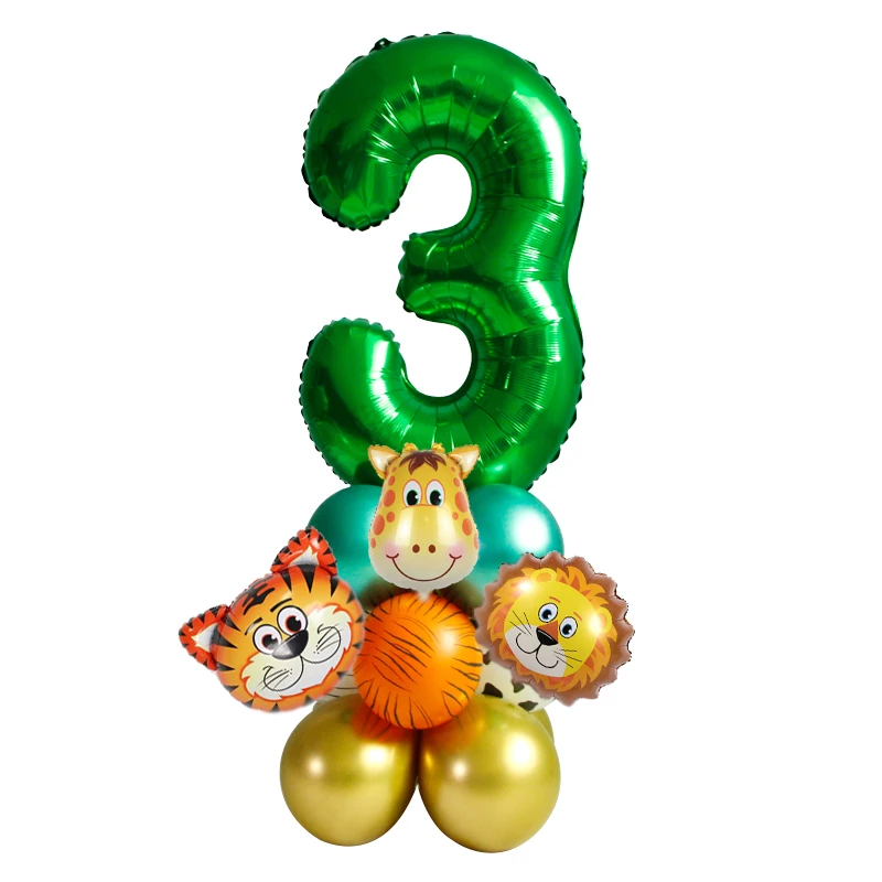 Набор из 18 шаров с животными джунглей, зеленый фольгированный шар с номером 32 дюйма, шары из хромированного металлического латекса для украшения на детскую вечеринку или день рождения.