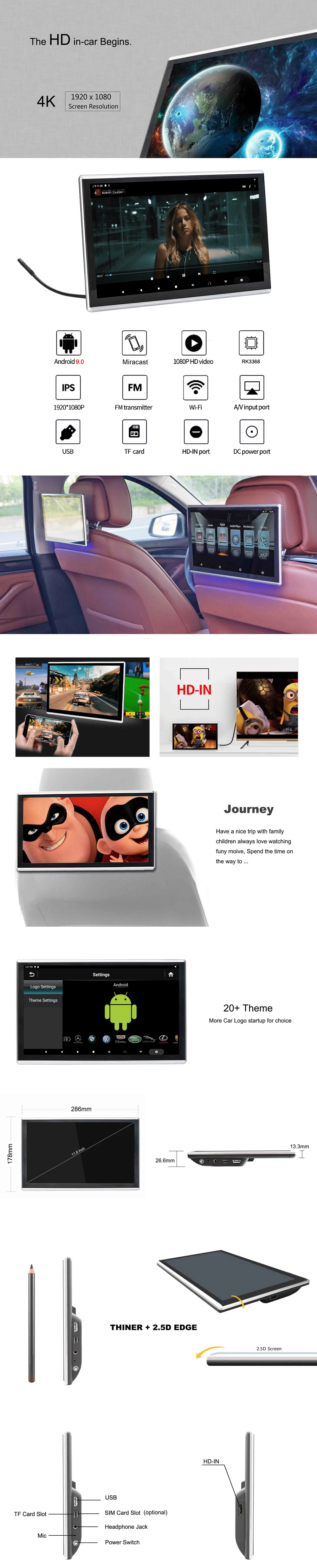 ONKAR Android 9,0 подголовник монитор с 11,6 дюймов ips сенсорный экран 1920*1080 1080P Поддержка mirror link wifi FM радио SD HDMI