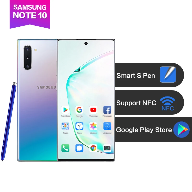Samsung Galaxy Note 10 Android9.0 6," AMOLED Полный экран 2280*1080 8G 256G отпечаток пальца+ лицо ID 3500 мАч Восьмиядерный 4 камеры S ручка
