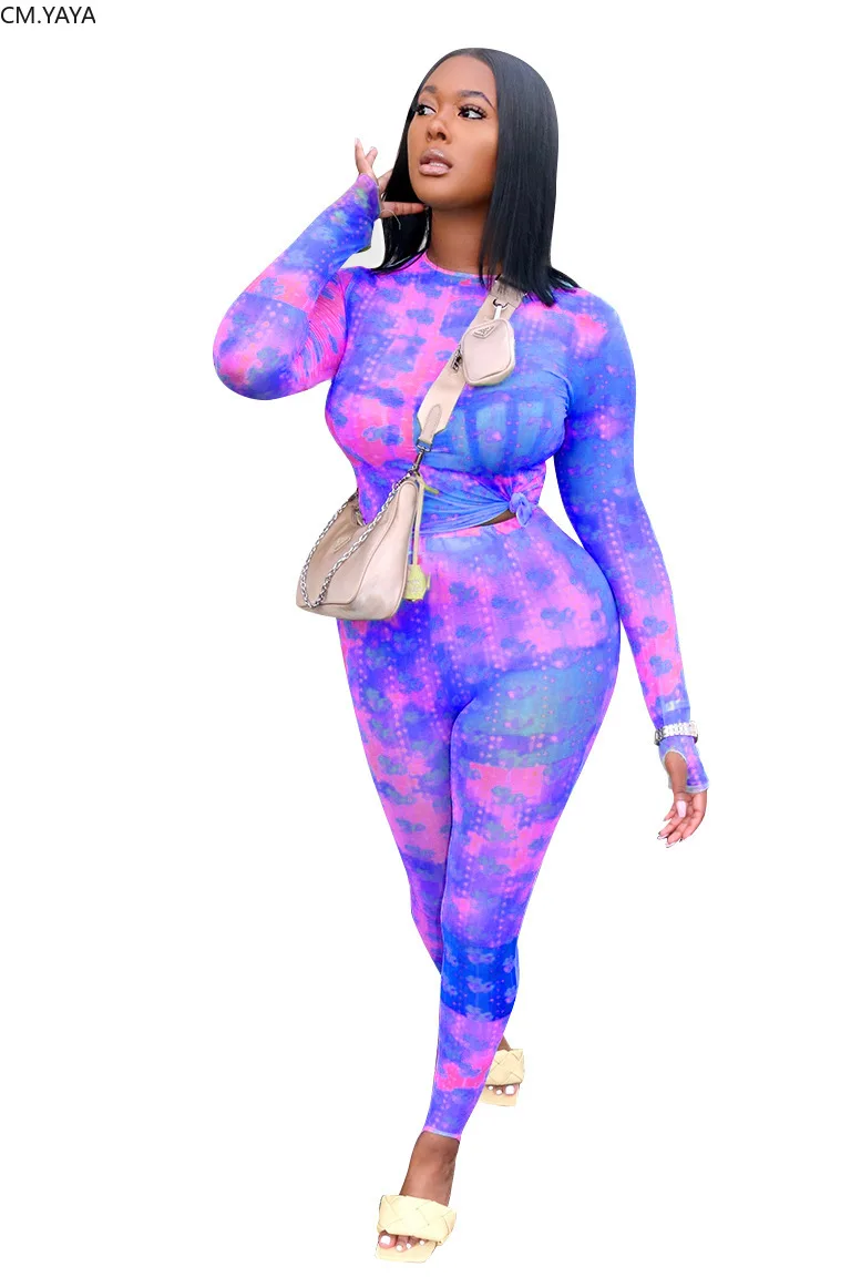 CM.YAYA Sportwear Tie Dye Print Women's Set Two Piece Long Sleeve Tee Tops Jogger Pants Suit Tracksuit Matching Outfits |
