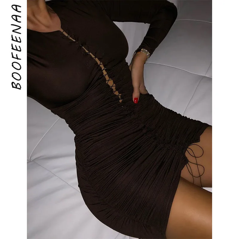 BOOFEENAA ажурное Бандажное платье с длинным рукавом сексуальная женская одежда
