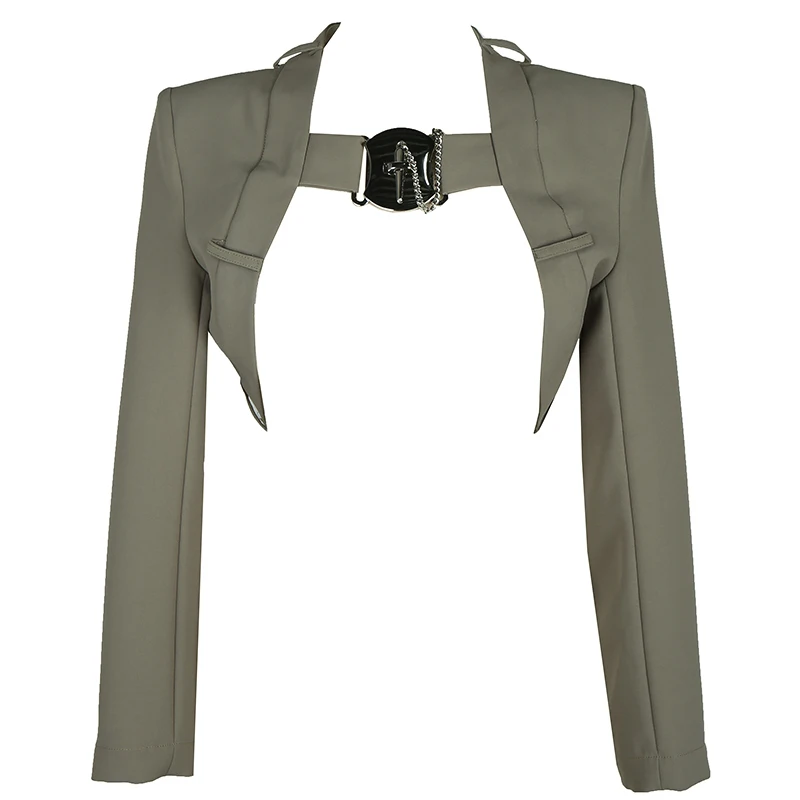 

[EAM] Loose Fit Gray Green Short Shoulder Padded Jacket New Lapel Long Sleeve Women Coat Fashion Tide Spring Autumn 2021 1DD9972