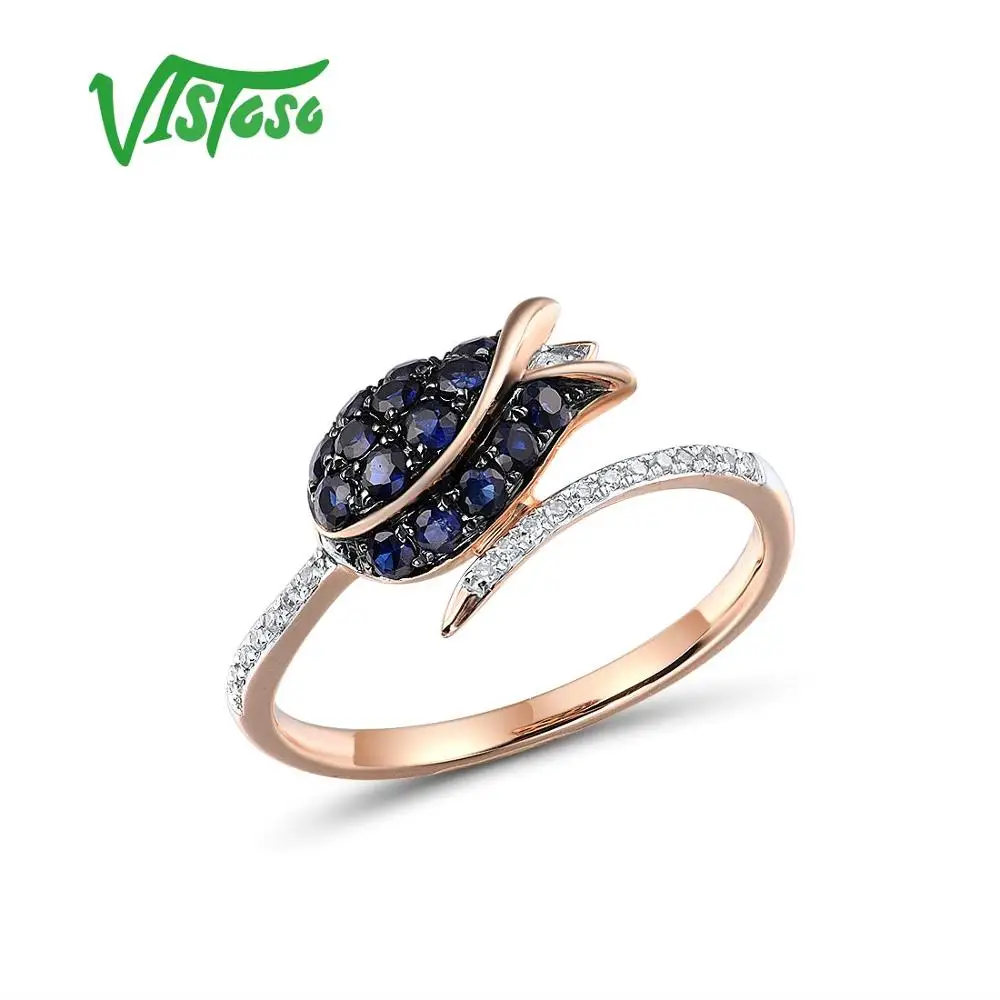 Фото Женское кольцо из розового золота VISTOSO Pure 14K 585 Сияющие алмазы синий сапфир