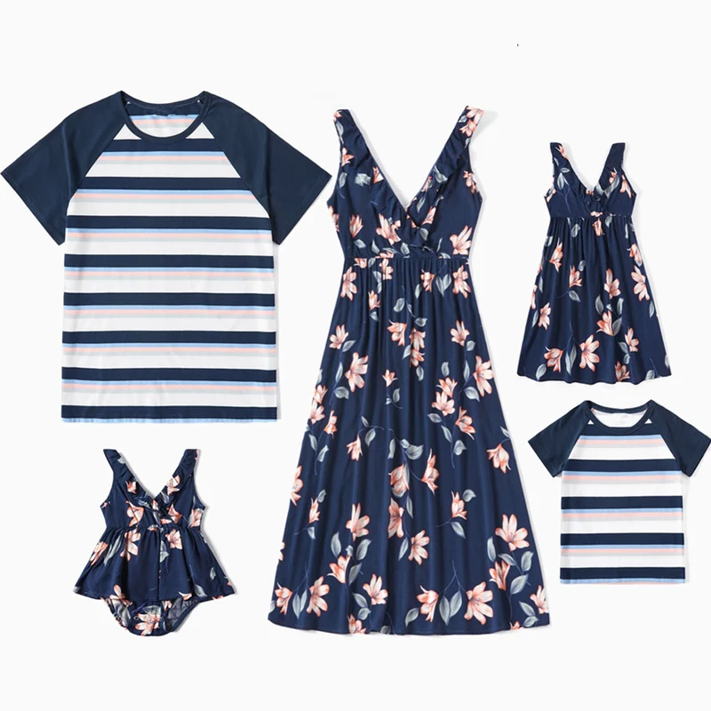 

2021 New Fashion Family Matching Outfits Print Sleeveless Women's Wear Children Dresses Girl Baby Boy Clothes Summer Family Look