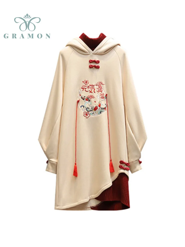 Hoodies Dress Plus Size Winter Clothes Women Vestidos Vintage Chinese Style Embroidery Tassels Spliced Long Sleeve Loose Dresses
