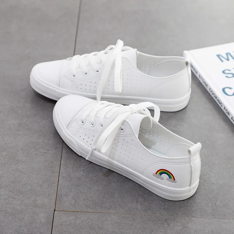 

Summer Hollow Out Breathable White Shoes Fashion Embroidered Decoration Women Rainbow New PU Flat Lace-up Female Casual Shoes