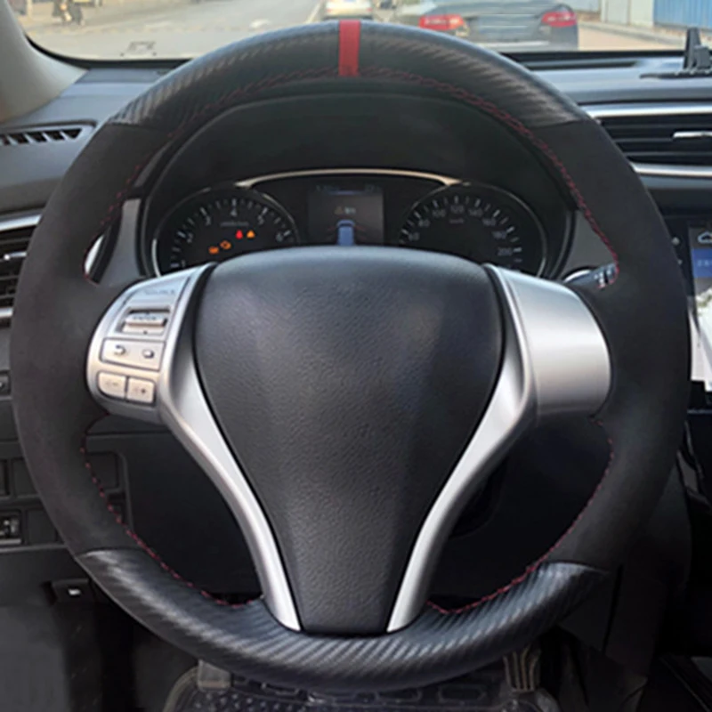 Carbon fiber suede DIY Плетеный ручной сшитый замшевый теплый нагретый чехол на руль автомобиля аксессуары для Nissan Teana Altima 2013- X-Trail T32 - Название цвета: Carbon fiber suede