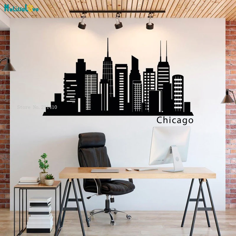 Office Wall Decal Chicago Skyline Wall Decals Murals City Silhouette Vinyl Stickers Custom Color Size You Want YT2526