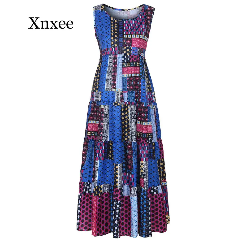 

Beach Long Women Summer Dress Robe Vintage Boho Long Dresses O Neck Sleeveless Loose Beach Dress Printed Bohemian Sundress