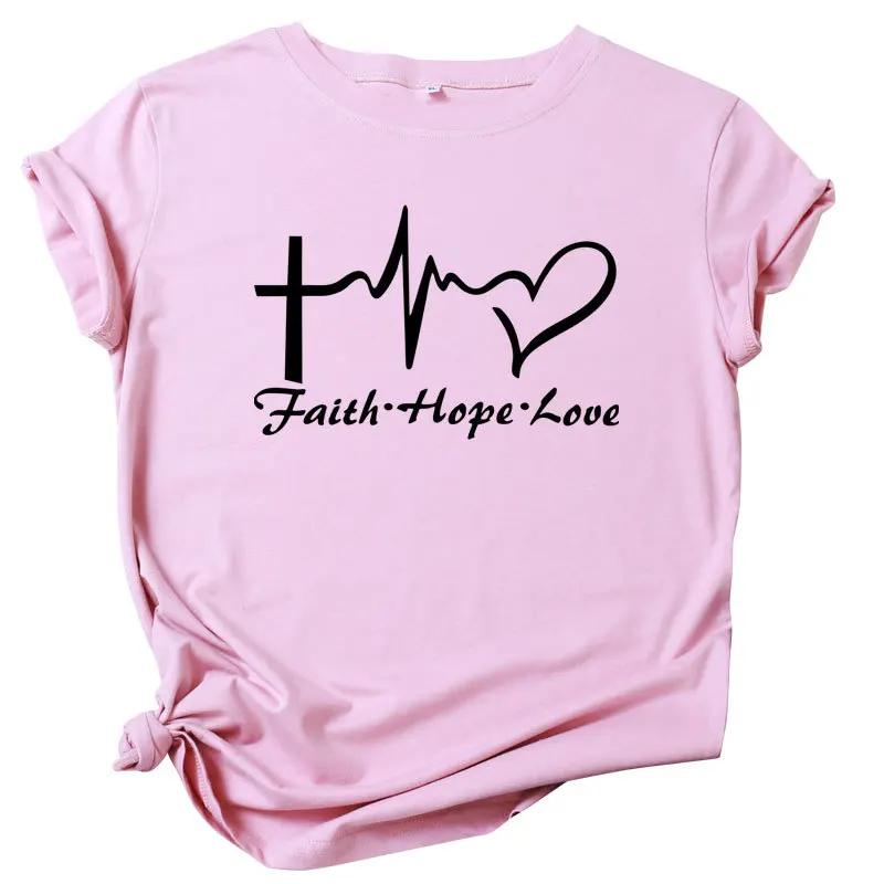 

Summer Women T Shirt Cotton Plus Size S- 5XL Faith Hope Love Graphic Tees O-Neck Short Sleeve Tshirts Casual Tops Women