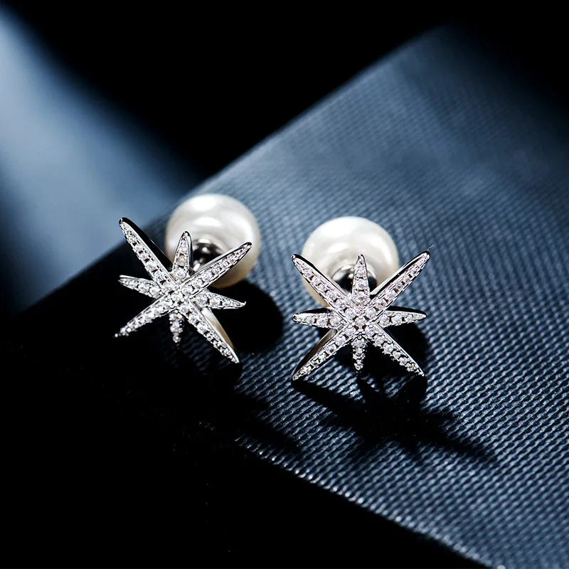 

S925 Sterling Silver Stud Earrings Micro Pave CZ Crystals Star Pearl Double Side Silver Earrings For Women