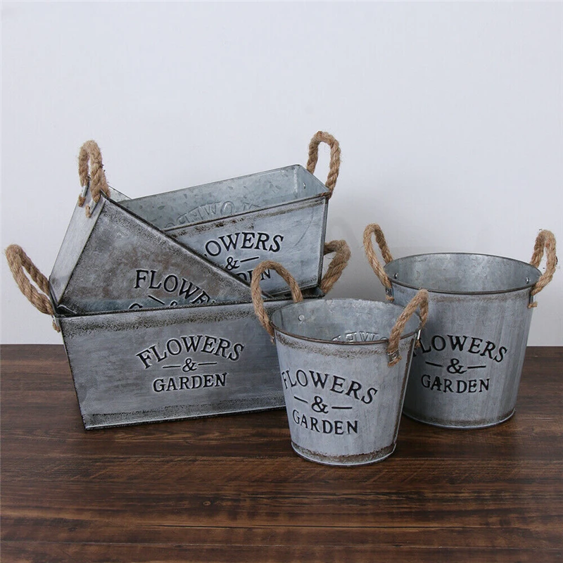 Винтажный металлический контейнер для растений деревенский цветочный горшок с