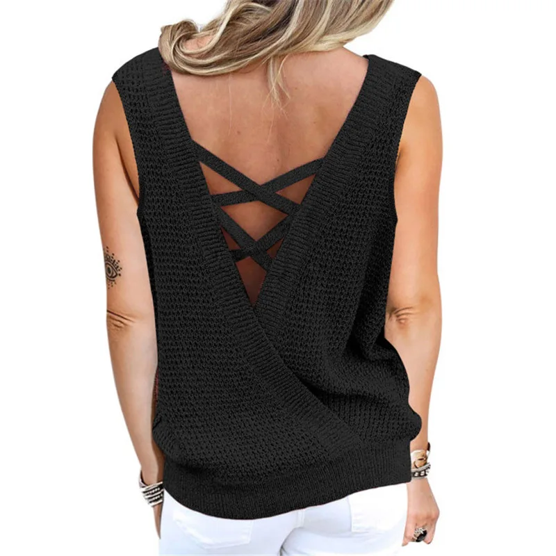 

women's clothing summer 2021 waffle deep V-neck open back sexy vest t-shirt Knitted summer Shirt plus size woman tshirts