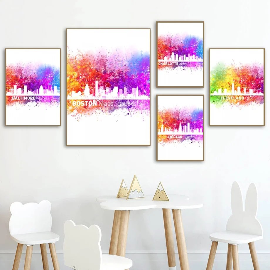 Бостон и Чикаго США Город Wstercolor карта холст постер домашний Настенный декор (без