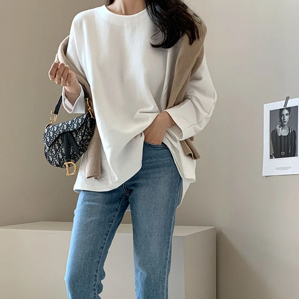 

T-Shirt Women Solid Color Loose Slim Round Neck Female Elegant Fashion Casual Korean Japanese Style All Match Apring Autumn