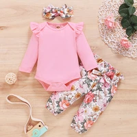 autumn infant baby girls clothes sets 3pcs print romper long sleeve tops flower pants headband newborn clothing