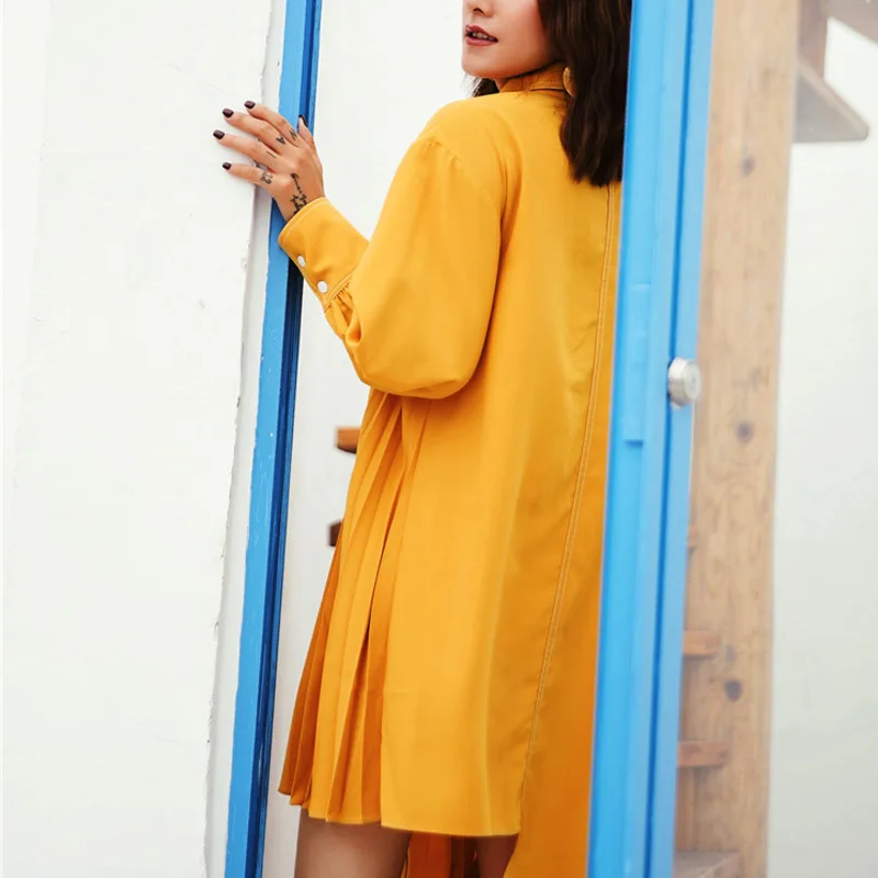 LANMREM Solid Color Lapel Long Sleeve Stitching Pleats Irregular Woman Dress Sweet Casual Simple Fashion Spring New TV539