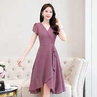 korean fashion summer knee length a line short lotus sleeve v neck elegant fashion chiffon red black plus size wrap dresses