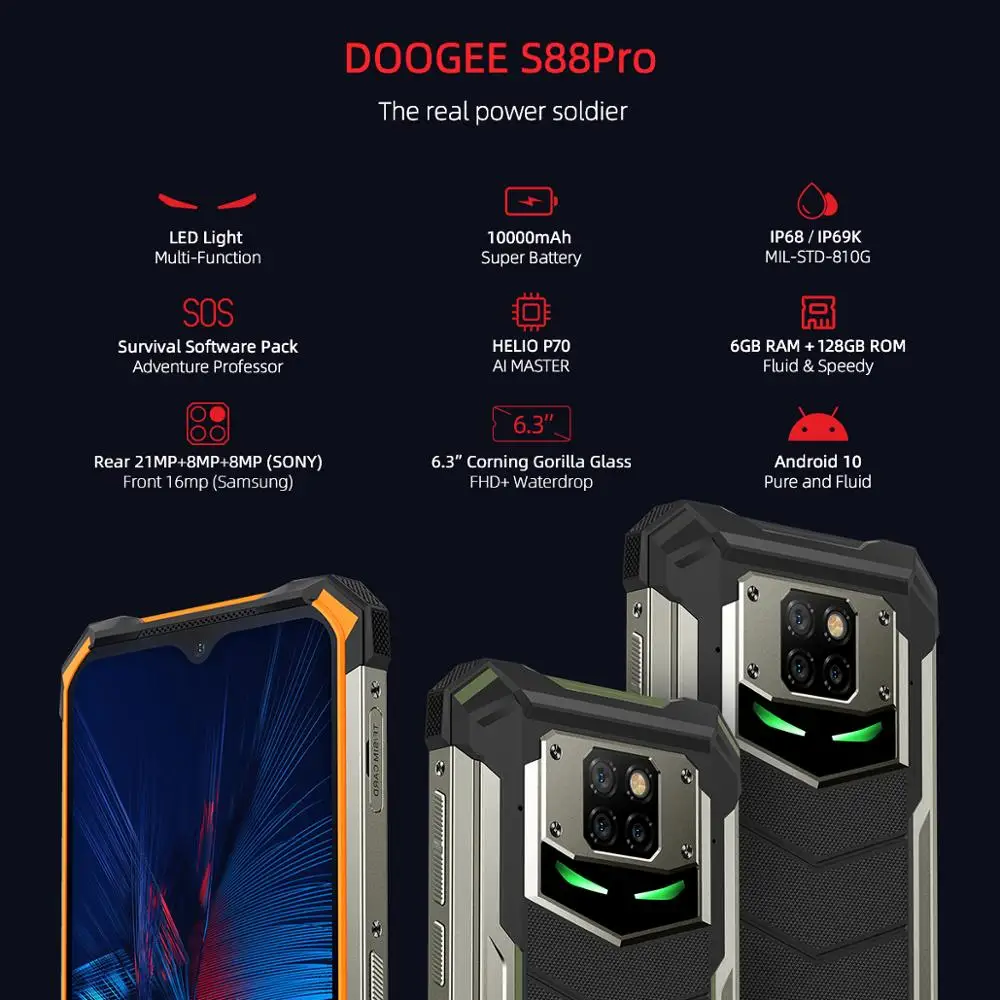 DOOGEE S88 Pro прочный мобильный телефон 10000 мАч телефоны IP68/IP69K Helio P70 Octa Core 6 ГБ