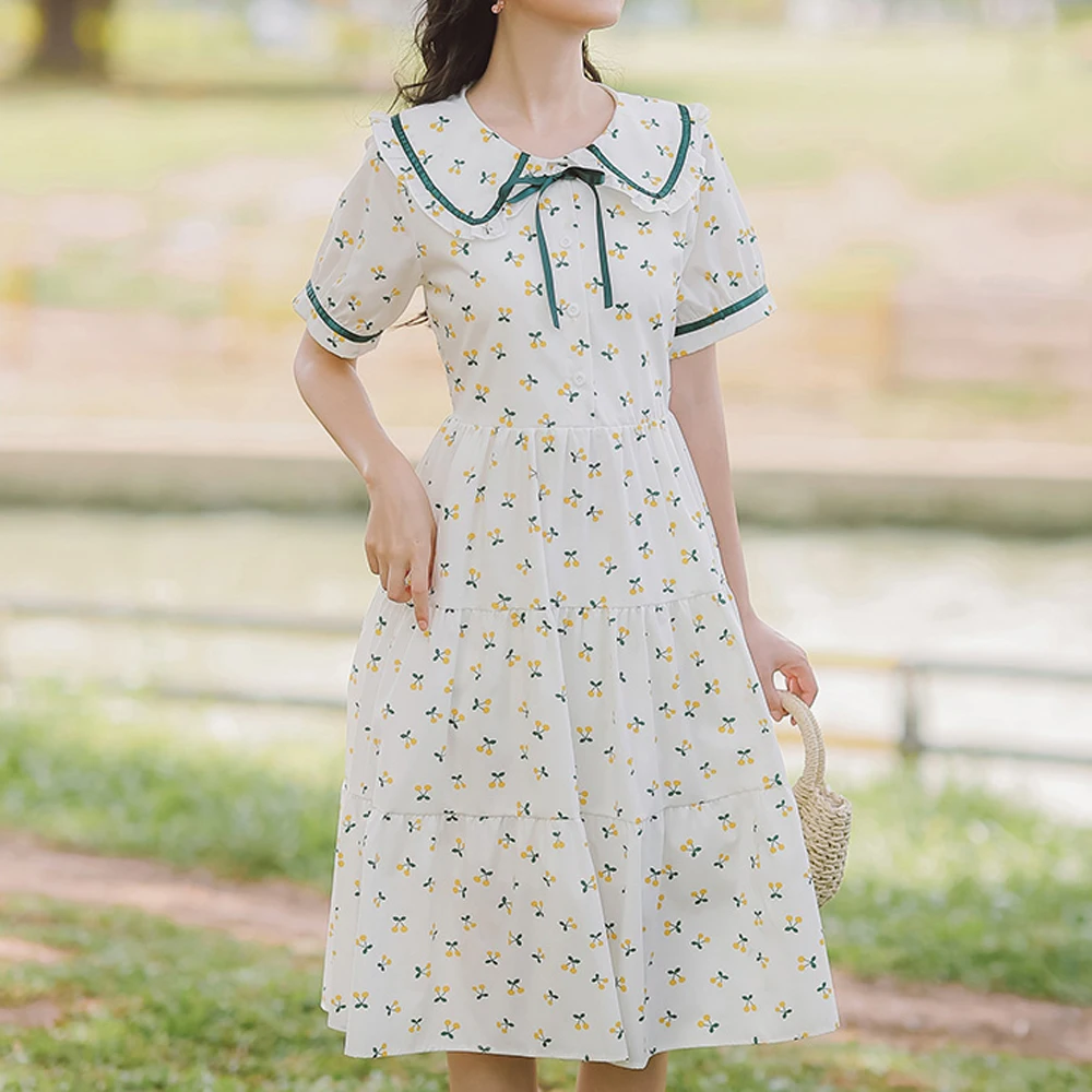 

Sweet Print Dresses For Women 2021 New Summer New Peter Pan Collar Bandage Slim Girl's Dress Fresh Hit Color Bow Fungus Vestidos