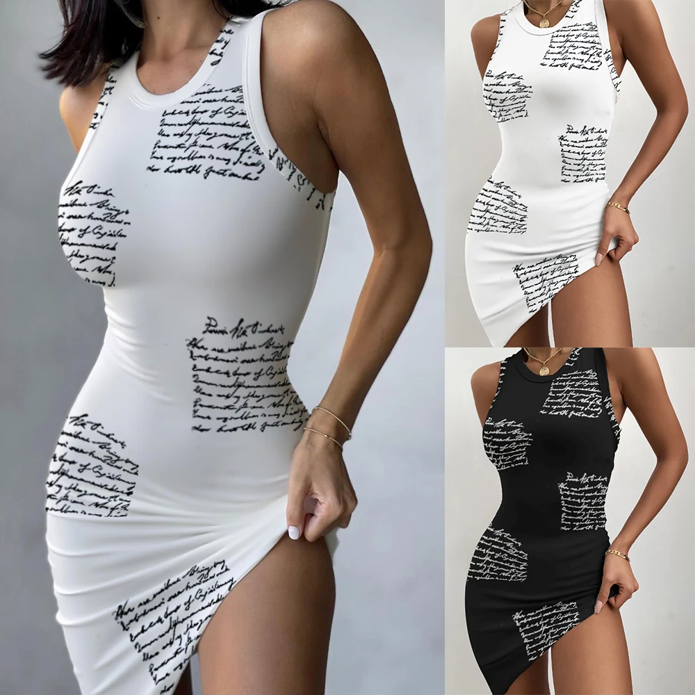 Женский облегающий сарафан с буквенным принтом черное белое мини платье без